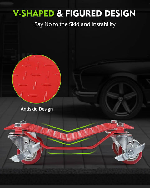 Tough As Nails Wheel Dolly Set Of Four For Moving Cars Trucks And Trailers Handling Six Thousand Pounds One Piece Steel Build tire rollers with v-shaped design for stability.