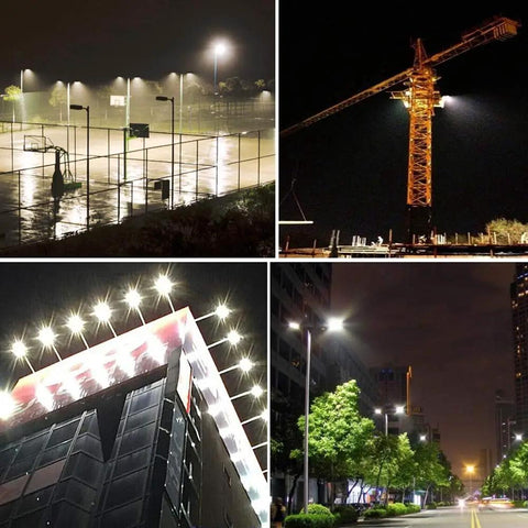Screaming Bright Led Flood Light Multi Wattage Choices Rock Solid For Yard Security And Commercial Lots Built Like A Tank With Die Cast Aluminum And Rain Proof Seals illuminating an outdoor sports court at night.