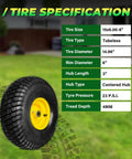 Heavy Duty Two Pack Front Tire And Wheel Assembly For Lawn Mower Sweet Smooth Roll Crushes Rough Terrain Without Breaking A Sweat Rock Solid 570 Lb Build with specifications including tubeless type, 15x6.00-6 size.