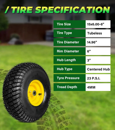 Heavy Duty Two Pack Front Tire And Wheel Assembly For Lawn Mower Sweet Smooth Roll Crushes Rough Terrain Without Breaking A Sweat Rock Solid 570 Lb Build with specifications including tubeless type, 15x6.00-6 size.