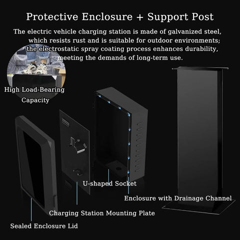 Top Shelf Heavy Duty EV Charger Lock Box Built Tough With Rock Solid Key Code Security And All Weather Resistant Shell For Straightforward Wall Or Floor Mount Setup, showing enclosure and support post, made of galvanized steel.