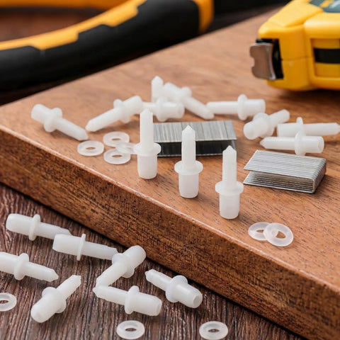 No Hassle Fixin Up Kit For Plantation Shutters Featuring Steel Spring Pins Louver Staples And Collar Pins on wooden surface.