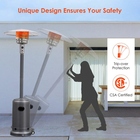 Heavy Duty 50,000 BTU Propane Patio Heater with trip-over safety and wheels, steel weatherproof grey design in outdoor setting