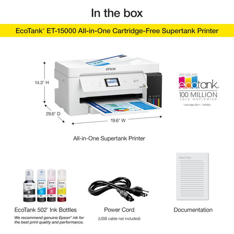 EcoTank Wireless Color All In One Printer With Scanner And Copier, Fax, Ethernet, Supertank System, Printing Up To 13 By 19 Inches