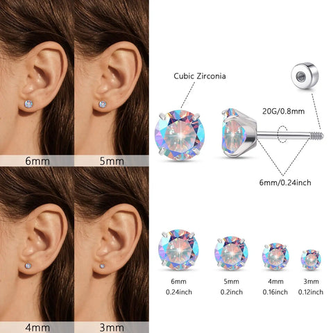 Legit Hella Comfortable Titanium Flat Back Screw On Stud Earrings For Men And Women with 6mm and 5mm cubic zirconia.