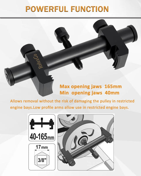 Adjustable Crankshaft Pulley Puller Tool for ribbed pulleys 35mm to 160mm, heavy-duty design, black metal, jaws open to 165mm