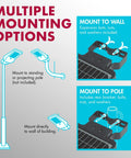 Diagram showing multiple mounting options for Ridiculously Bright 1600 Lumen Solar Street Light with motion sensor.