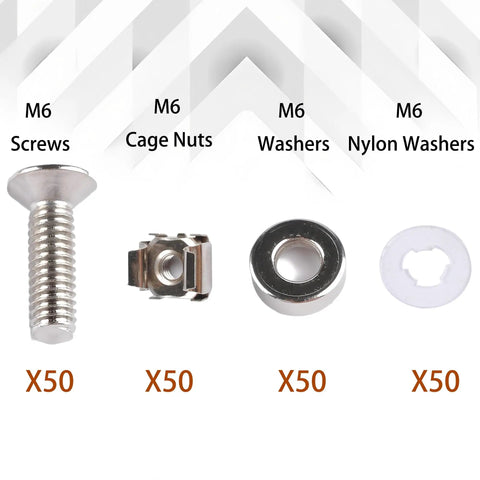 Heavy Duty M6 X 16 Millimeter Rack Mount Hardware Kit Including Square Cage Nuts Strong Screws And Nylon Lock Washers For Server Cabinets And Network Racks Gets You Back Online Fast - 50 screws, cage nuts, and nylon washers.
