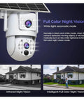 For Real 4K Dual Lens Outdoor Security Camera With Hassle Free Solar Charging And Clean 360 Pan Tilt Zoom Wifi Wireless Surveillance System For Yard Watch showing full color night vision features and solar panel.
