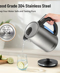 Six Preset Temperature Electric Kettle With Dope Precision Control, 1.7L Stainless Steel, 1500W Fast Boil For Oolong And Green Tea, Strix Thermostat, Auto Shutoff, Sleek Modern Kitchen Water Boiler pouring water into a glass