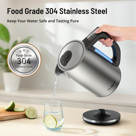Six Preset Temperature Electric Kettle With Dope Precision Control, 1.7L Stainless Steel, 1500W Fast Boil For Oolong And Green Tea, Strix Thermostat, Auto Shutoff, Sleek Modern Kitchen Water Boiler pouring water into a glass
