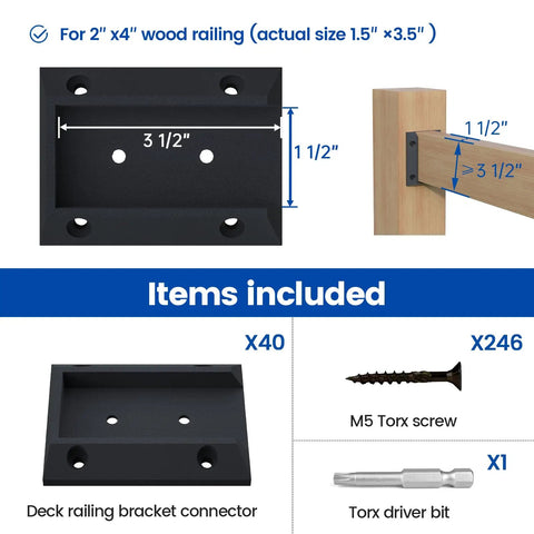 40 Pcs Deck Railing Brackets For 2x4 Wood Posts Open Side Connectors Kit With 248 M5 Torx Screws And Driver Bit For Easy DIY Install On Wooden Stairs Fences Cable Railings And Handrails