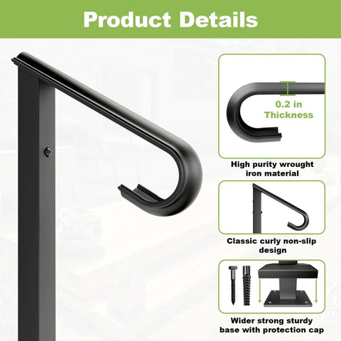 Heavy Duty Outdoor Stair Handrail For One To Two Steps, 38 Inch Wrought Iron Single Post with curly design and hardware
