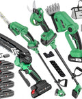 All Purpose Electric Yard Tool Set Including Rechargeable Mini Chainsaw Hedge Trimmer And Precision Pruning Shears With Long Extension Pole and battery packs, green color, for landscaping.