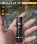 Person holding Sofirn SP10 Pro BLF Anduril2 Version Mini EDC Flashlight with LH351D LED on hand, showing size and design details.