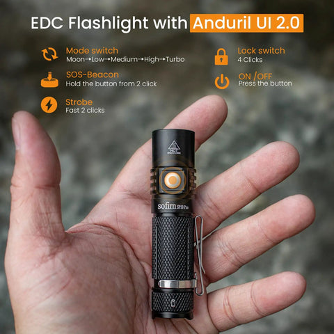 Person holding Sofirn SP10 Pro BLF Anduril2 Version Mini EDC Flashlight with LH351D LED on hand, showing size and design details.
