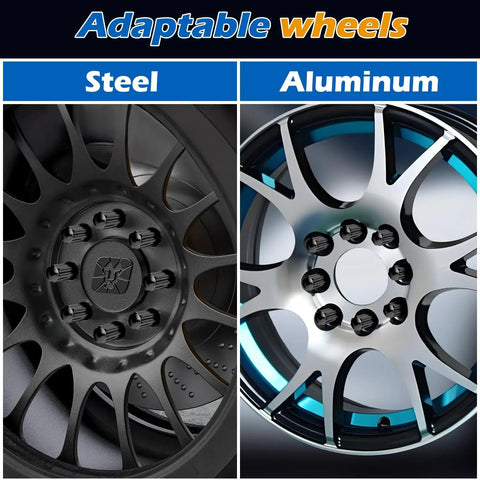 Adaptable wheels comparison showing steel lug wheel on left and aluminum rim on right for varied truck applications.