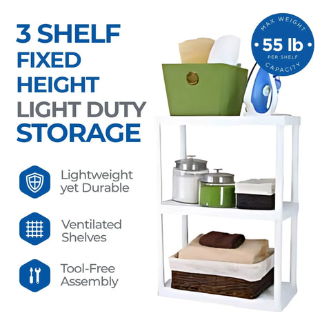 No Sweat 3 Tier Storage Shelving Units In Fresh White, 2 Pack Of Interconnectible Closet Organizers with 3 shelves and capacity of 55 lbs.
