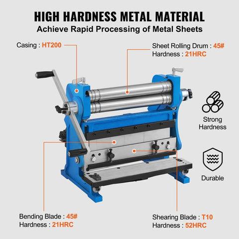 Diagram of 12 Inch 3 In 1 Sheet Metal Shear Brake Roll Machine For Home Shop DIY Friendly, highlighting material hardness and components.
