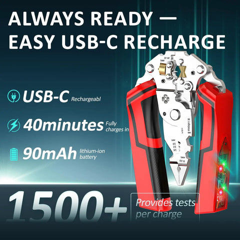 Top Tier Multifunction Wire Stripper With Rechargeable Voltage True Nondestructive Tester Crimping Pliers For Electricians showing USB-C charging features.