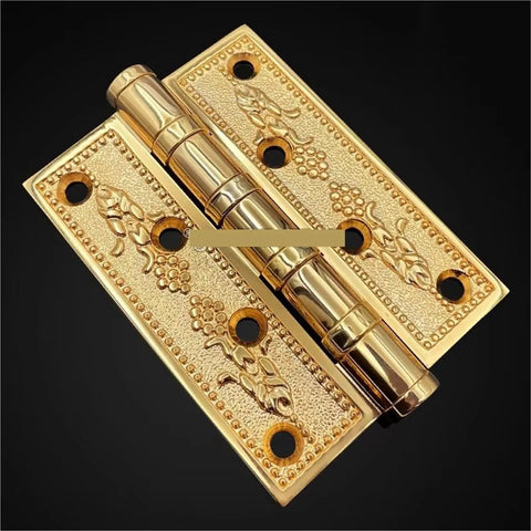 Heavy Duty Solid Brass Door Hinges With Smooth As Butter Swinging Ball Bearings And Rock Solid Construction Plus Mounting Screws For Top Notch Wood Doors And Thick Gates In Rich Gold Tone, showing detailed design.