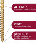 Close-up of R4 Pro-Grade Multi-Purpose Framing Screws with fast bite tip, rust resistant Climatek coating, 3 1/8 inch length.