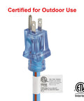 Professional Grade 100 Foot Heavy Duty Extension Cord With Durable Tpe Rubber Jacket And Lighted Locking Grounded Plugs plug close-up.