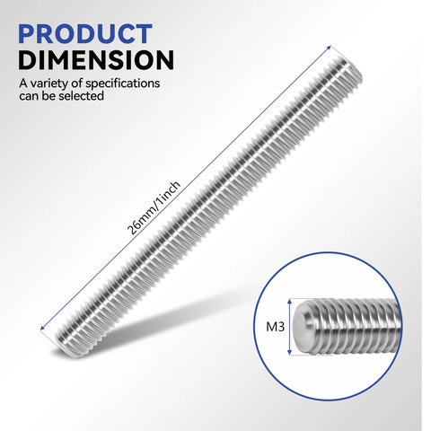 M3 stainless steel fully threaded rod, 26mm long, shown as a single rod.