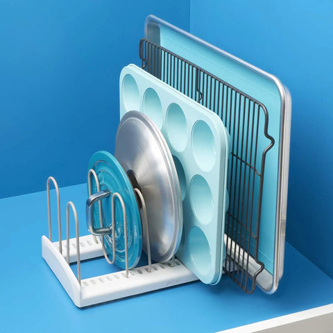 Adjustable Extra Wire Pan And Lid Rack Dividers Total Kitchen Game Changer Vertical Storage Set Of Four holds pots and pans in organized steel rack.