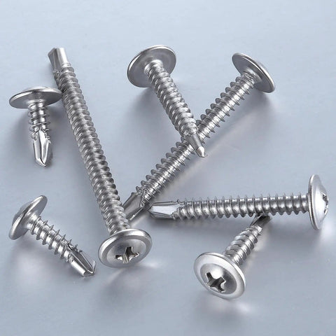 Number Eight Truss Head Self Tapping Screws For Sheet Metal 410 Stainless Steel Fasteners One Half Inch, assorted angles on polished screws.