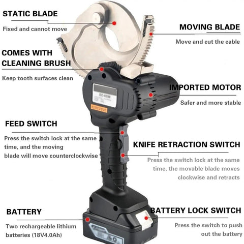 Beast Mode Rechargeable Ratchet Cable Cutter with switches, moving blade, battery, and static blade for copper, aluminum, and armored cables.