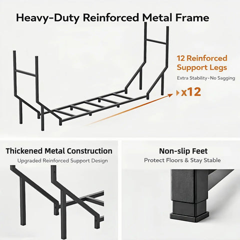 Six Foot Outdoor Firewood Rack Heavy Duty Metal Wood Holder Built For Up To 880 Lbs One Quarter Cord Capacity With Twelve Support Legs For Patio Porch And Indoor Fireplace Weather Resistant Steel Frame For Year Round Use showing reinforced metal frame and support legs.