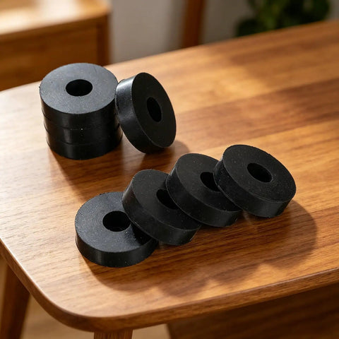 Heavy Duty Rubber Isolation Mounts And Anti Vibration Pads Built Mean To Crush Appliance Rattle With Grippy Wear Base and Quick No Tools Setup For Steady Everyday Machinery on a wooden table.