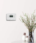 Programmable Thermostat With One Week Programming And Digital Display White mounted on wall beside vase with branches