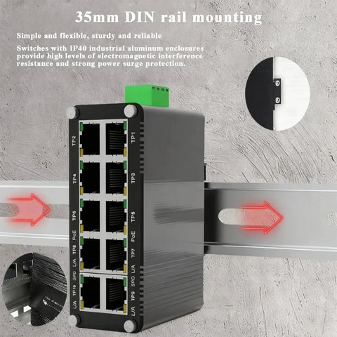 Rugged 10 Port PoE Plus Gigabit Switch With Eight PoE Ports And Two Uplink Ports, Din Rail Mount, shown on 35mm rail
