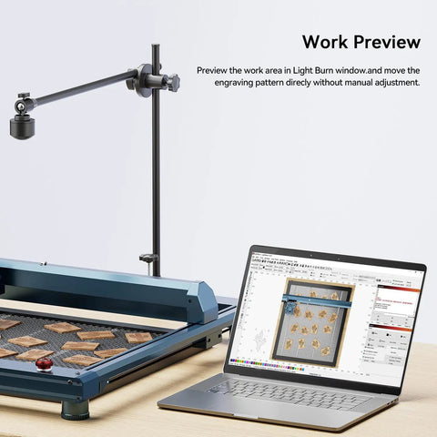 Pro Grade LightBurn Camera Kit For Laser Engravers, 5MP Time-Lapse Digital Camera With Real-Time Monitoring next to laptop