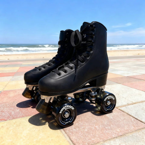 Side view of black VORTRACK quad roller skate wheels on boots; 65x36mm urethane with ABEC-9 bearings