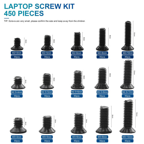 450 Piece Mini Screw Kit For Laptop And Computer Repair Featuring M2 M2.5 And M3 Countersunk Flat Head Phillips Fasteners, various sizes shown.