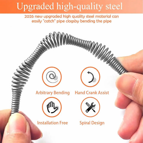 Heavy Duty Drain Snake Auger With Slick Flex Steel Cable, demonstrating flexible steel cable for clearing pipe clogs.