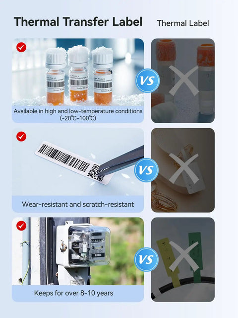 Comparison of thermal transfer label benefits: temperature resistance, wear resistance, longevity vs basic thermal label limitations.