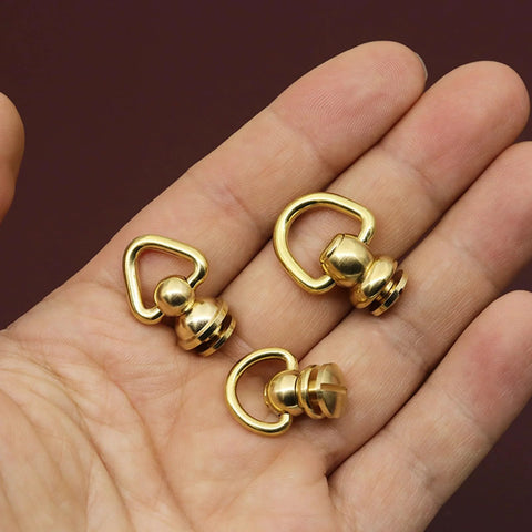 Three gold solid-brass ball stud rivets with screws and D-rings, 20x10mm, for purses and handbags.