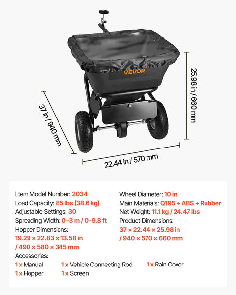 Tow Behind Lawn Spreader For Seed Fertilizer Ice Melt, 9.8 Foot Spreading Width, 85 Lb Hopper, 10 Inch All Terrain Tires, Adjustable Flow Control, Broadcast Spreader Pro Grade For Yard Work And Lawn Care showing specifications and features.
