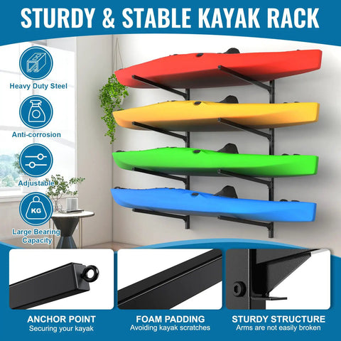 Premium Heavy Duty Kayak Storage Rack Wall Mount System For Garage with colorful kayaks displayed, showcasing adjustable arms and sturdy steel frame.