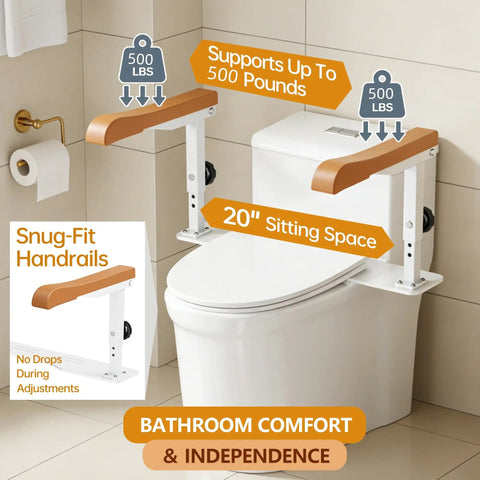 Adjustable Height Toilet Safety Rails For Seniors Boasting Top Shelf Handholds, featuring 20 inch sitting space and supports up to 500 lbs.