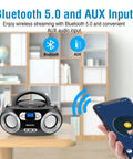 Portable CD Player Boombox With FM Radio Bluetooth USB Port And Aux Input For Home Or On The Go Compact Easy Use Design displayed