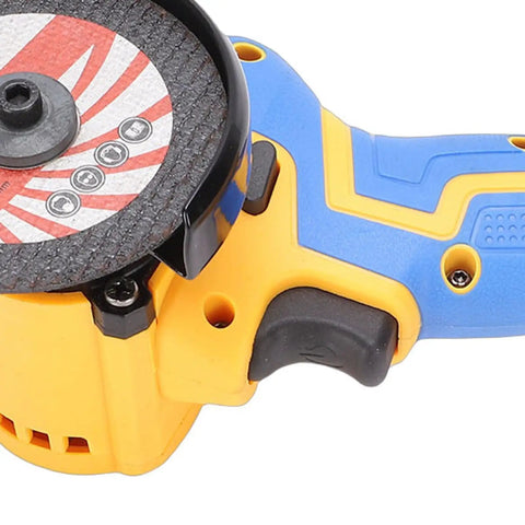 Badass Cordless Cut Off Tool Featuring Heavy Duty Brushless Motor And Hella Fast 19000 Rpm Speed To Rip Through Metal Wood Plastic And Stone With Detachable Dust Shield close-up view with disc and controls