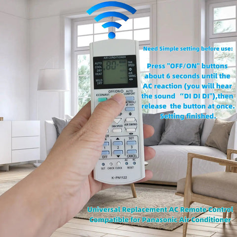 Premium Universal AC Remote Controller For Panasonic Air Conditioner Sub Wireless Temp Display Fahrenheit Celsius A75C2913, user hand with remote in a modern living room.