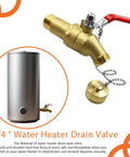 Fast Drain Water Heater Drain Valve Kit with Full Port 3/4 MIP to 3/4 GHT connection, 2-inch shank, 180-degree handle, and cap