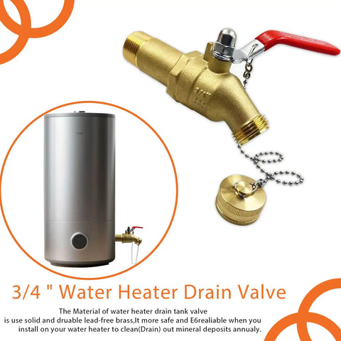 Fast Drain Water Heater Drain Valve Kit with Full Port 3/4 MIP to 3/4 GHT connection, 2-inch shank, 180-degree handle, and cap