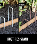 Comparison of rust-resistant Beefy 6 Inch Landscape Staples 50 Pack 11 Gauge Galvanized Steel Stakes with ultra sharp tip versus rusty competitor